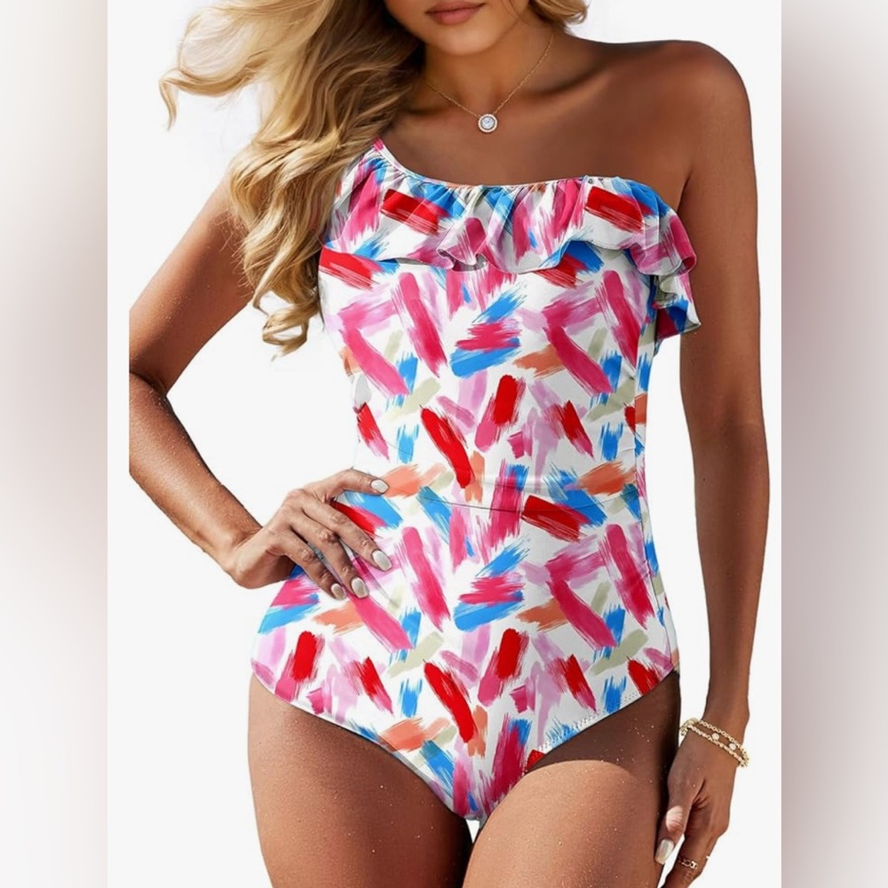 Colorful Ruffled One-Shoulder Swimsuit